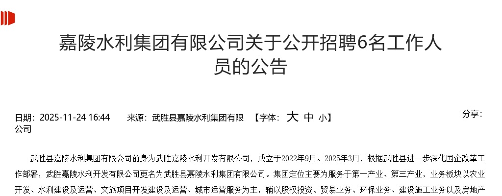 嘉陵水利集团有限公司关于公开招聘6名工作人员的公告 图片