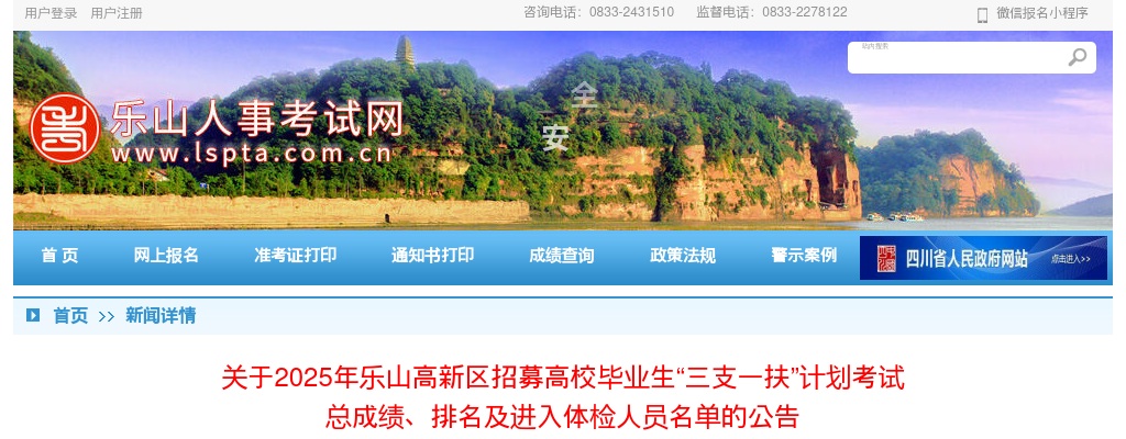 2025年乐山高新区招募高校毕业生“三支一扶”计划考试  总成绩、排名及进入体检人员名单的公告 图片