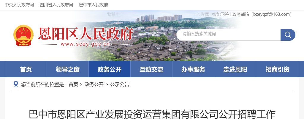 巴中市恩阳区产业发展投资运营集团有限公司公开招聘工作人员的公告（8人） 图片